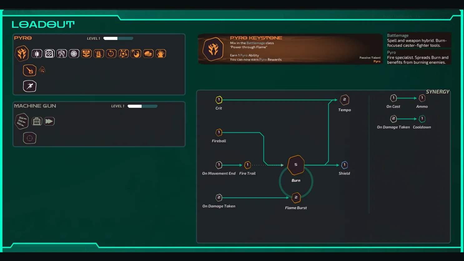 The loadout screen showing a synergy tree linking Burn, Crit, Tempo and Shield nodes